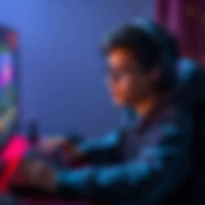 A 15-year-old boy from Morocco sitting at a computer, looking hopeful as he plays Valorant, wanting a new skin to express himself in the game.
