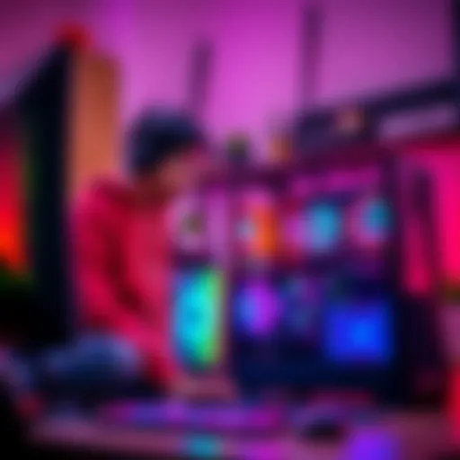 A teenager assembling a gaming PC with colorful LED lights and a monitor in a cozy room