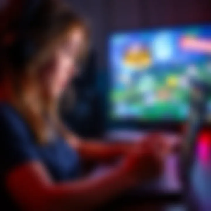 A teenage girl enjoys playing story-driven video games on a laptop, with colorful game graphics visible on the screen