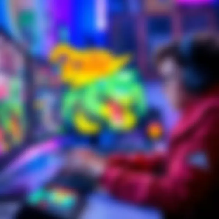 A teenager focused on a computer screen, engaging in a multiplayer grind game, surrounded by a colorful gaming setup.