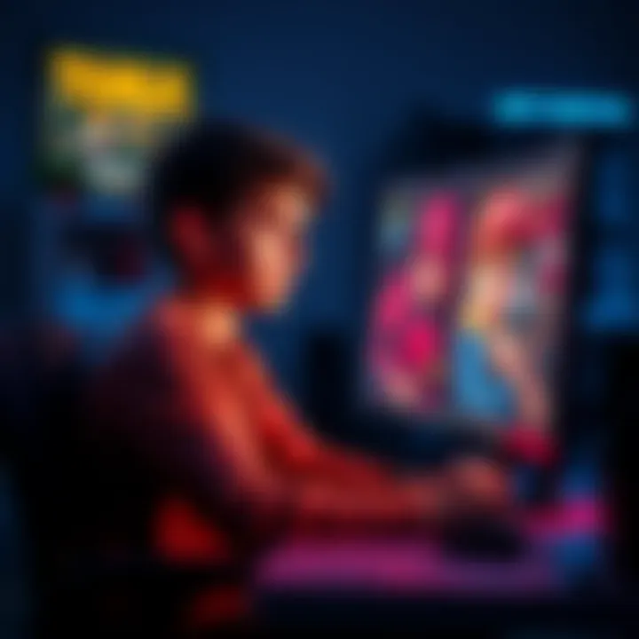 A 19-year-old sits in front of a computer, contemplating video game characters Owen and Henry, with images of the characters visible on the screen, representing a mix of youth and maturity.