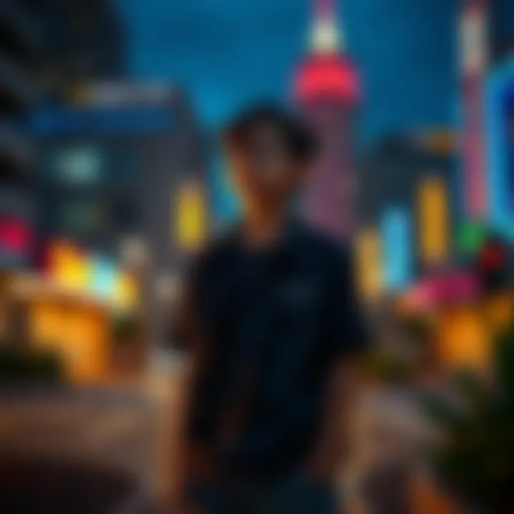 Teen in Urban Setting A suburban teenager stands in a cityscape resembling Night City, with neon lights and urban elements, reflecting on the familiar vibes of San Antonio.