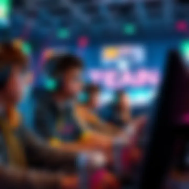 A group of young gamers focused on a competitive match, showing teamwork and concentration in an esports arena.
