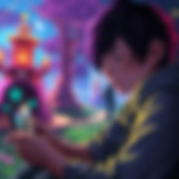 A teenager immersed in an engaging video game with elements of romance and adventure, set in a vibrant fantasy world.