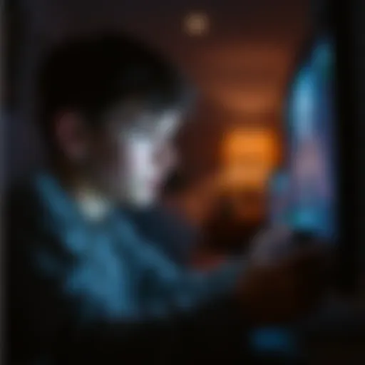 A 14-year-old boy focused on a screen, playing a horror video game in a dimly lit room