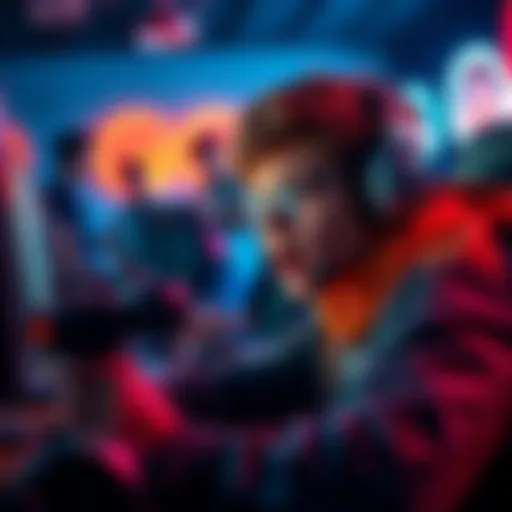 A 13-year-old boy focused on a combat video game, looking excited but not disturbed, surrounded by gaming gear.