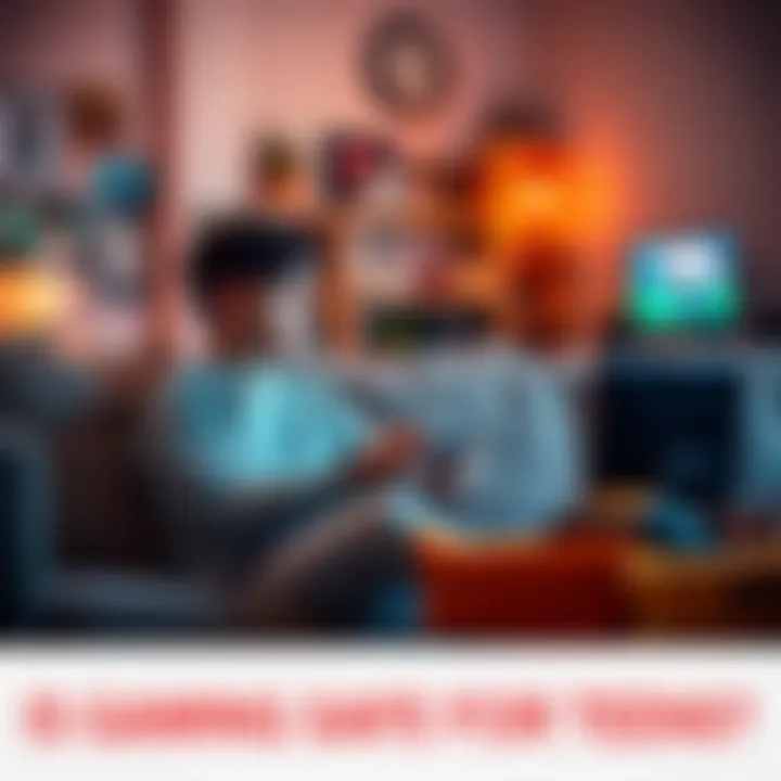 Teen Playing Video Game in a Cozy Room A teenager sits comfortably on a couch, focused on a video game console, with family photos and decorations in the background, showcasing a shared family space.