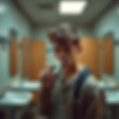 A teenager in a school bathroom taking a puff from a vape pen, surrounded by typical restroom features like sinks and stalls.