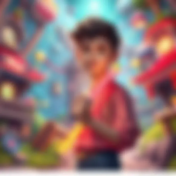 Teenage boy with lively rod in game world A teenage boy holding a colorful, lively rod stands in a surreal video game environment filled with whimsical elements and bright colors.