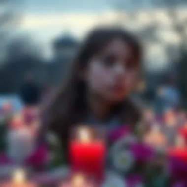 A teenage girl looking thoughtfully into the distance, surrounded by candles and flowers, symbolizing remembrance and reflection after a tragedy.