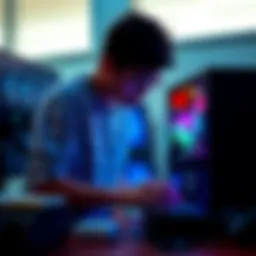 A teenager assembling a powerful 5090 PC setup with various computer components on a desk