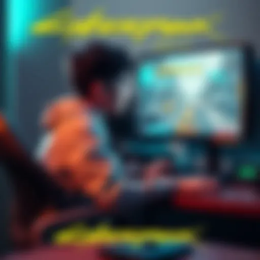 A teenage gamer sitting at a desk, looking at a computer screen showing Cyberpunk 2077 gameplay, contemplating the game's content