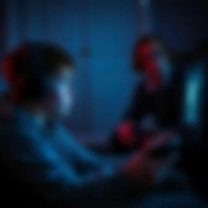 A worried parent watches as their 15-year-old son plays a graphic video game on a gaming console in a dimly lit room.
