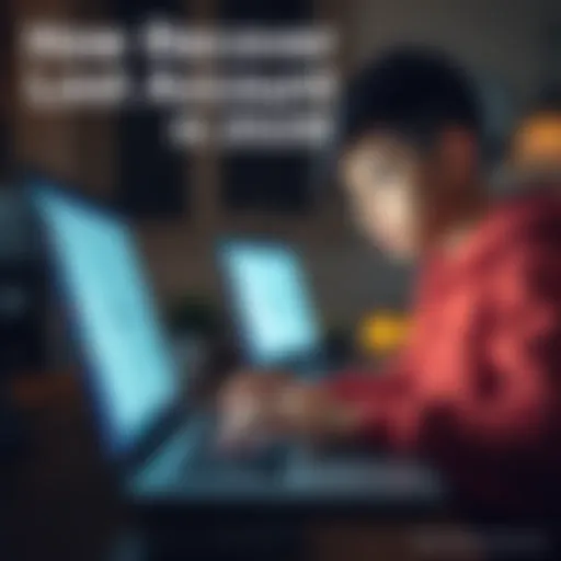 A concerned teenager typing on a laptop, trying to recover a lost account from 2019, with email visible on the screen.