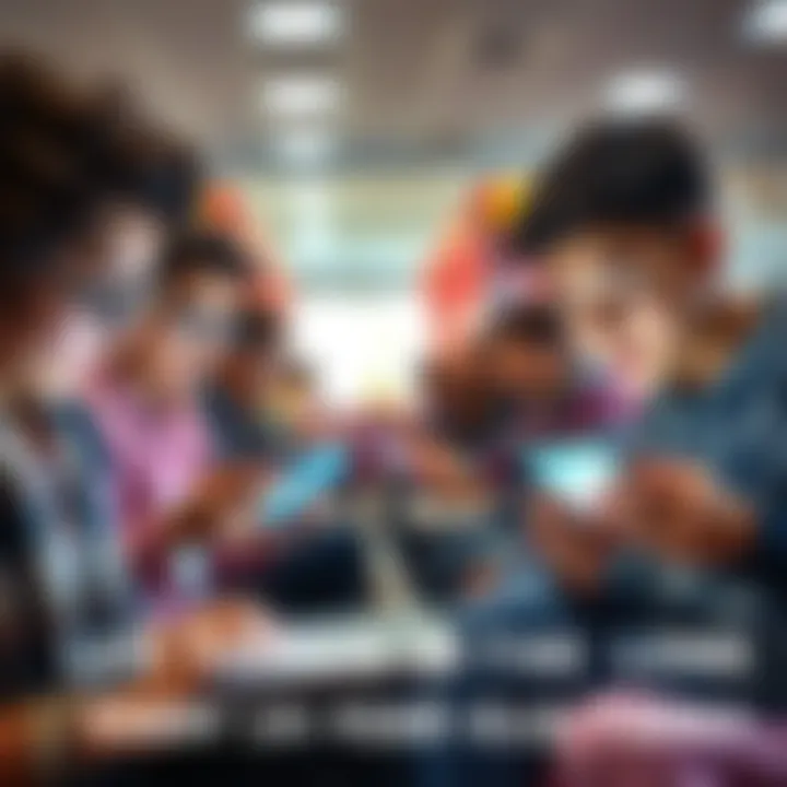 A group of 14-year-olds engaging with technology, using smartphones and laptops in a modern setting.