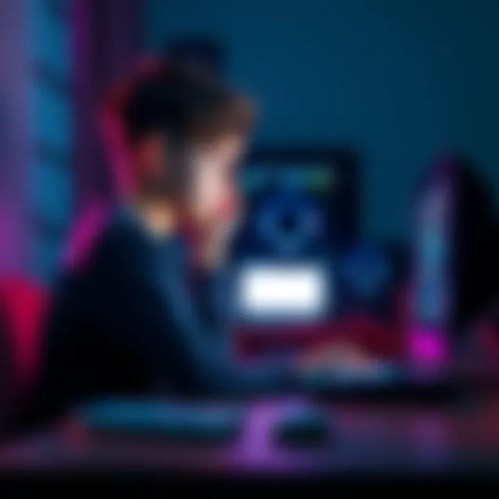 A teenager sitting in a dark room looking at a computer with a blocked game screen, showing a router device nearby.