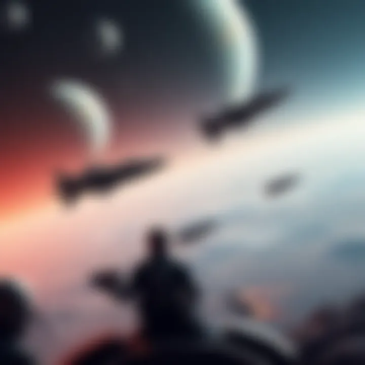 A view of remote vessels exploring the Tau planets, with characters like Loid and the Entrati family interacting from afar.