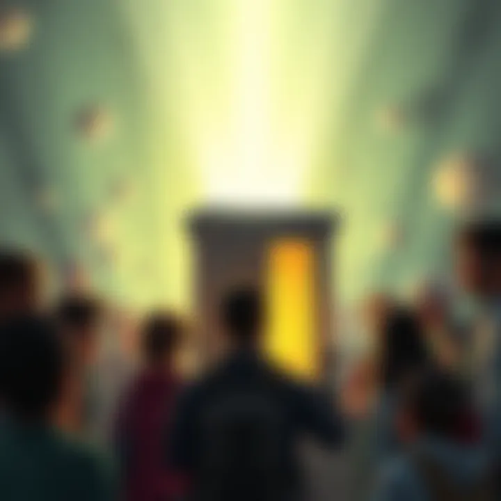 A teleport chest emitting a bright, magical light surrounded by curious players reacting in surprise.