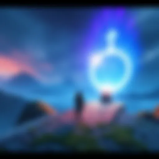 Teleportation to Site of Grace A character in a game using a glowing portal to teleport to a Site of Grace, with a mystical landscape in the background.