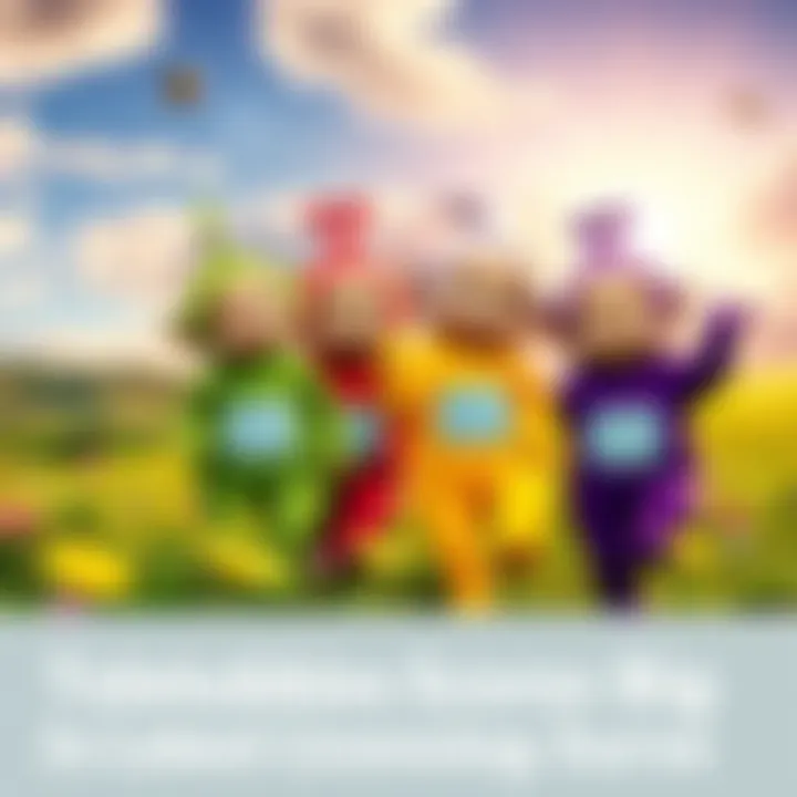 Four colorful Teletubbies characters play in a sunny meadow, showcasing their unique designs and joyful expressions
