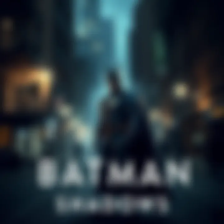 Batman stands in a dark Gotham City street, contemplating his next move while shadows loom around him.