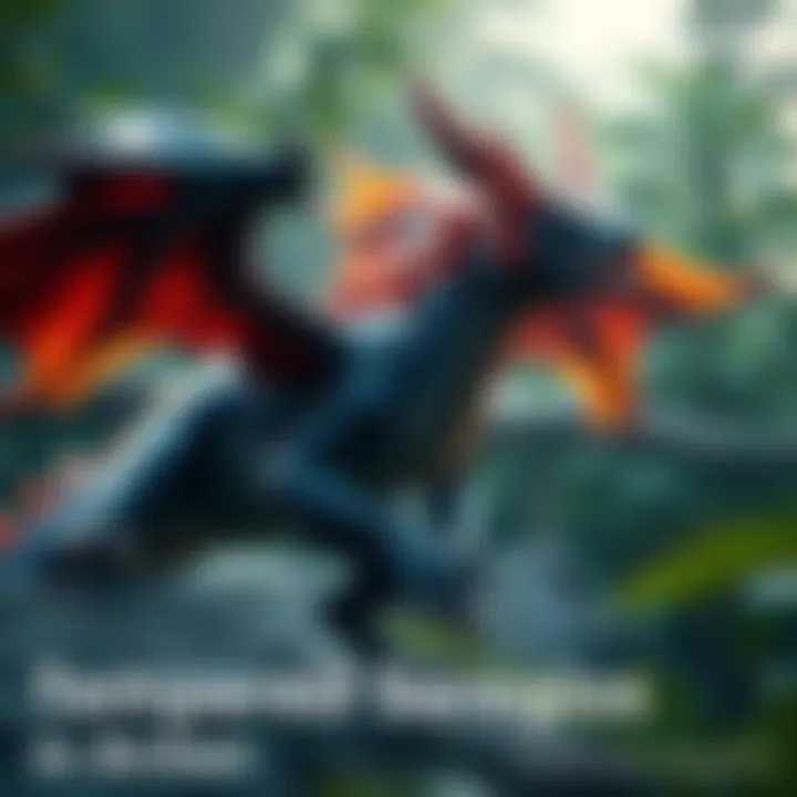 A fierce Tempered Seregios with sharp scales and striking colors, showcasing its dynamic movement in a lush environment.