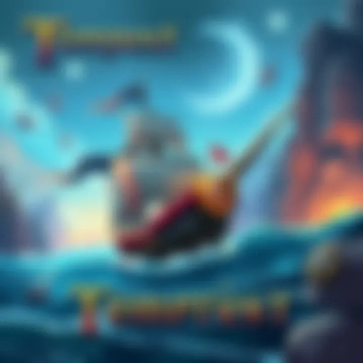 Colorful illustration of a pirate ship sailing through open waters with treasure in the background