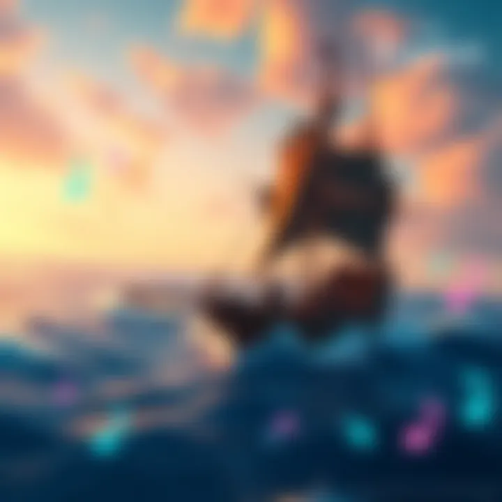 Tempest: Pirate Action RPG Gameplay Scene from Tempest: Pirate Action RPG showing a pirate ship sailing in a vibrant sea, with Jpop and Kpop music notes around.