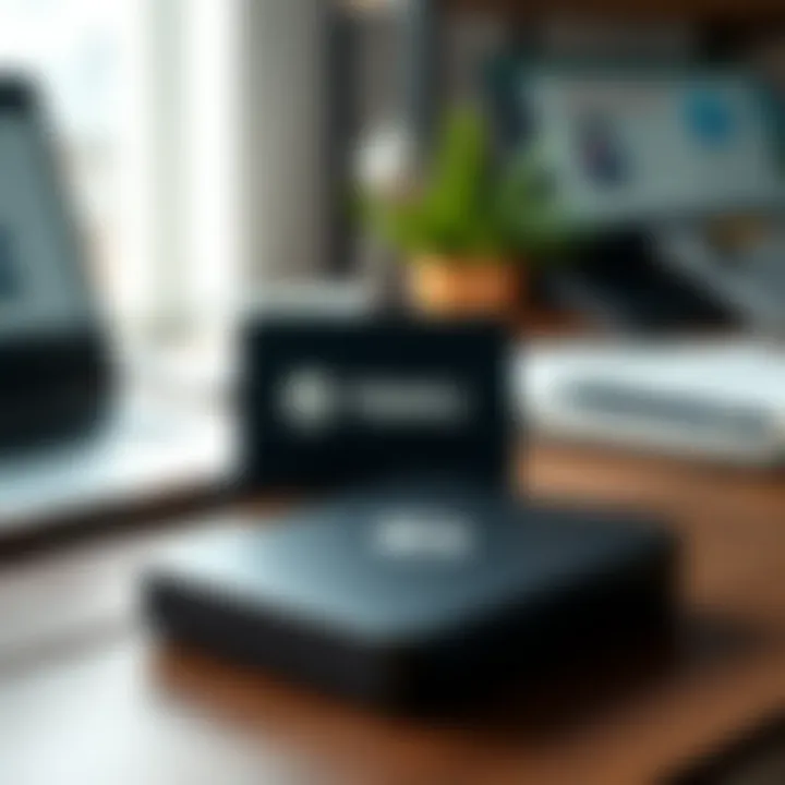 4TB External Drive from Temu A 4TB external drive with a Temu logo on it, placed on a wooden desk with a laptop and notes in the background, reflecting an online shopping theme.