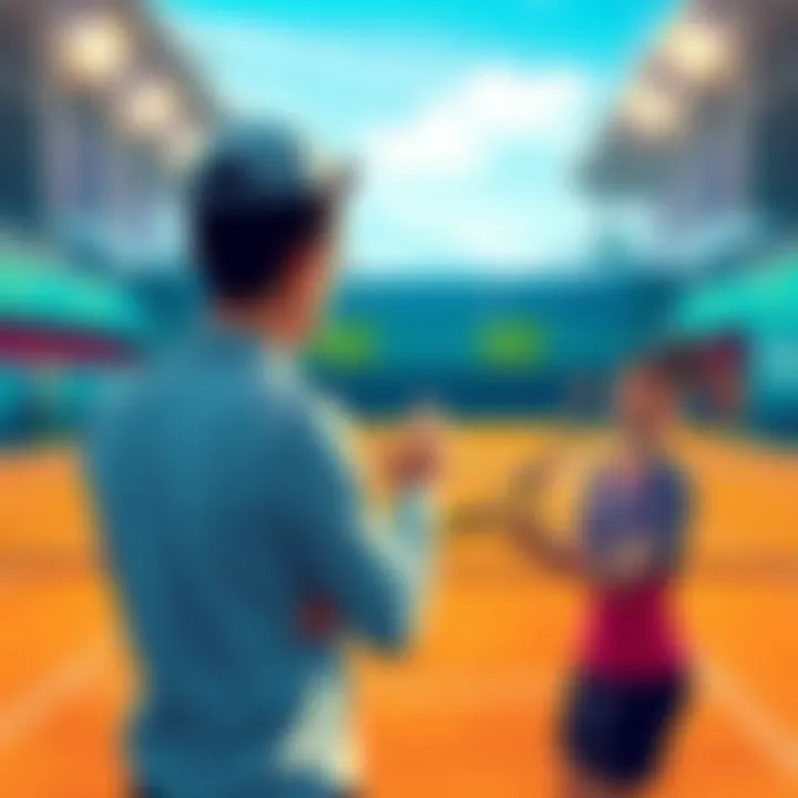 Cover illustration for Tennis.Manager.25 featuring a tennis court and a team manager strategizing for their players.