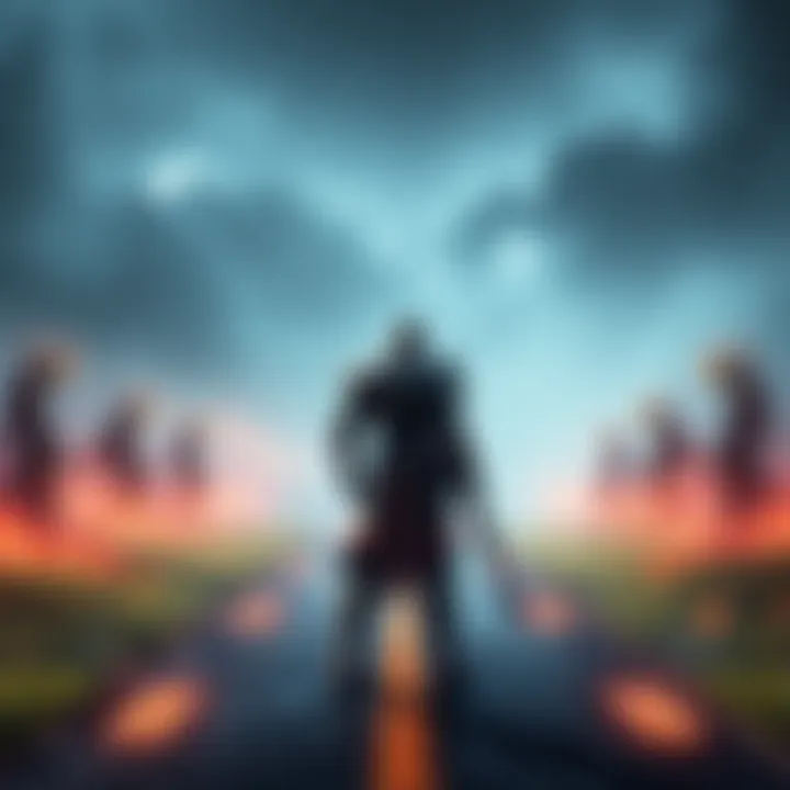 A warrior in futuristic armor stands at a crossroads, each path representing different factions, with symbols of alliances around them.