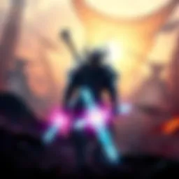 A Tenno warrior stands ready for battle, with glowing armor and energy blades, surrounded by a war-torn landscape