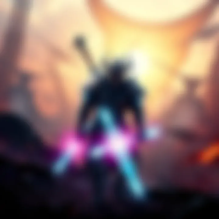 A Tenno warrior stands ready for battle, with glowing armor and energy blades, surrounded by a war-torn landscape