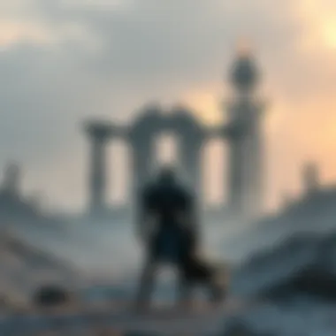 A Tenno warrior stands ready, facing a distant, ruined Orokin structure, symbolizing conflict and moral dilemmas.