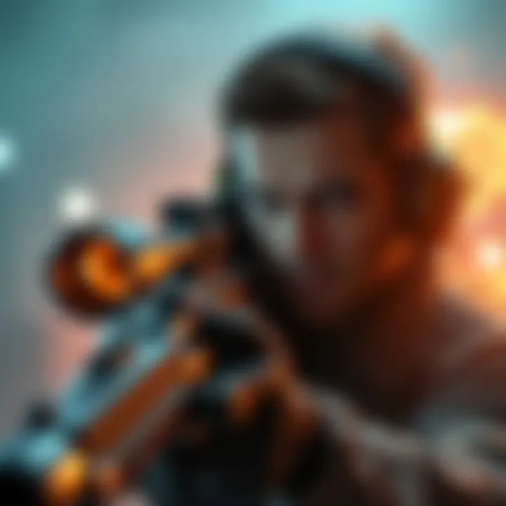 Tense Gaming Moment A player in a tactical shooter game, focused and scanning the environment for threats, with a sense of urgency in their expression