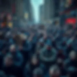 A crowded city square filled with anxious people looking concerned about a situation, some holding signs, suggesting unrest.