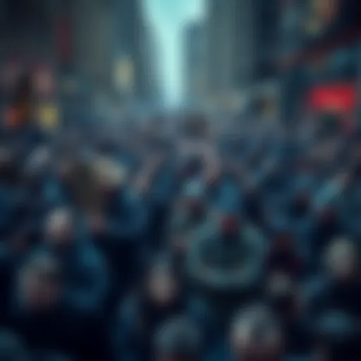 A crowded city square filled with anxious people looking concerned about a situation, some holding signs, suggesting unrest.