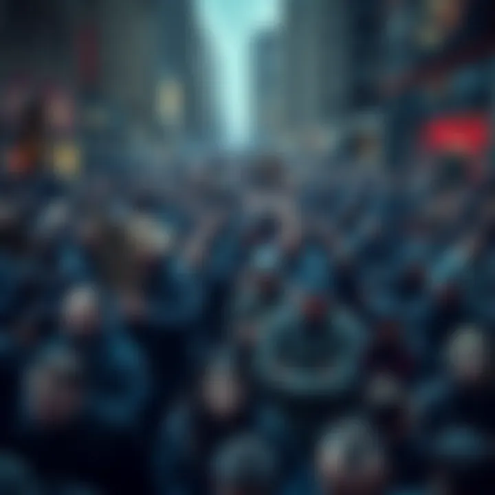 A crowded city square filled with anxious people looking concerned about a situation, some holding signs, suggesting unrest.