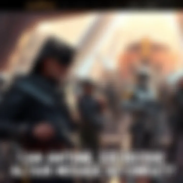 A scene depicting Altair speaking to a crowd amid a tense situation, with Guardians and civilians in the background.