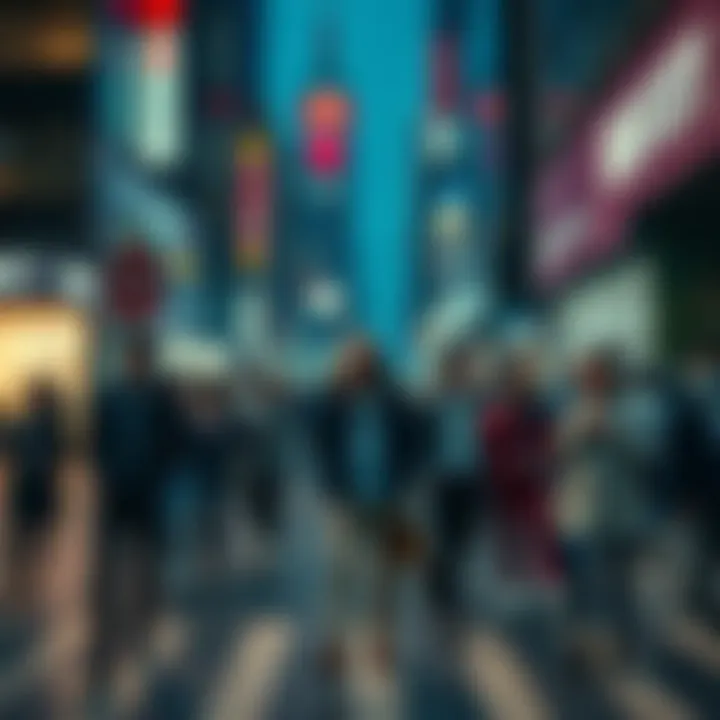 People in a busy Night City street expressing frustration and seeking personal space