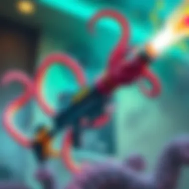 A stylized gun shooting out colorful tentacles, showcasing the new weapon type in a vibrant setting.