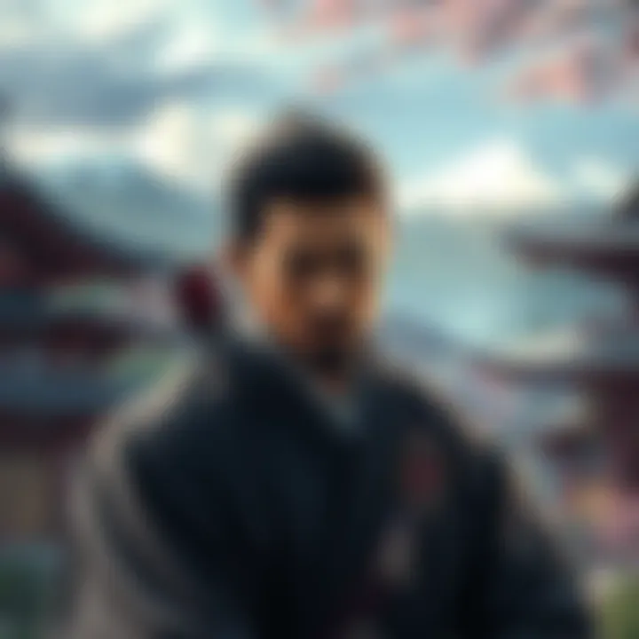 Character Tenzo looking concerned with a backdrop of Japanese scenery in Ghost of Tsushima
