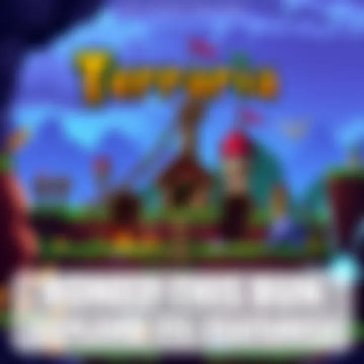 A colorful in-game scene from Terraria showing players building and exploring in a vibrant world with various creatures and structures