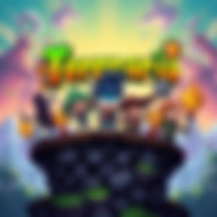 A colorful Terraria game poster featuring characters celebrating with achievement trophies in a vibrant world.