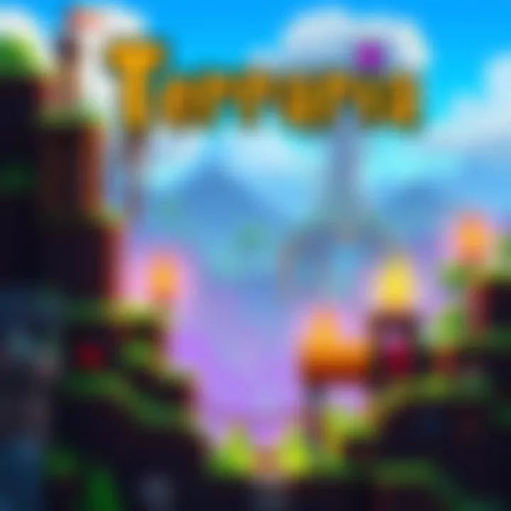 A colorful scene from Terraria showing players building and exploring in a pixelated world.