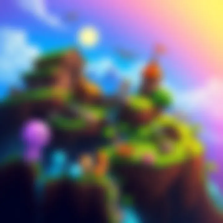 Terraria Gameplay Scene A vibrant scene from Terraria showing characters exploring a colorful landscape with various resources and creatures