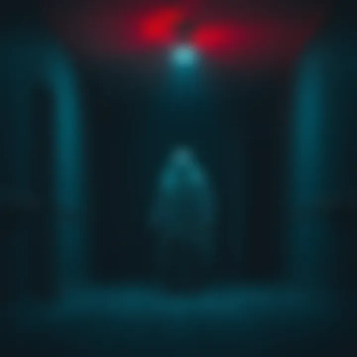 A haunting ghostly figure stands in a dimly lit room, creating an eerie atmosphere.