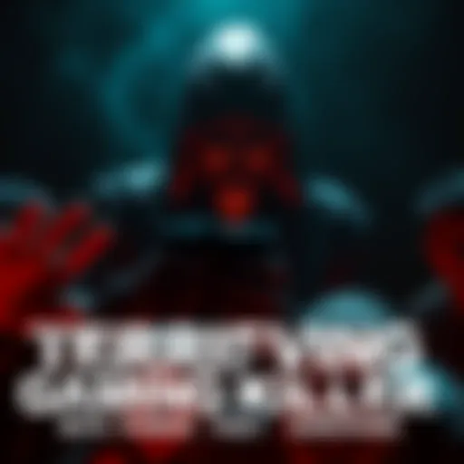 An intimidating killer character from a video game looms over frightened survivors in a dark, eerie setting.