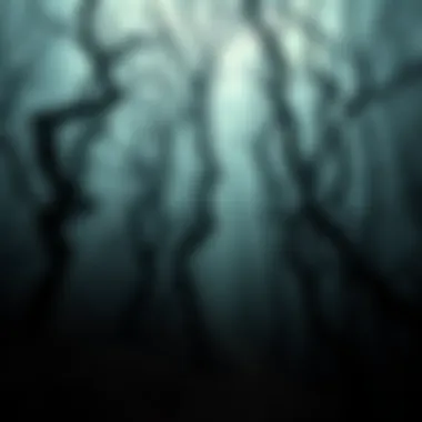 A dark, foreboding forest with twisted trees and a misty atmosphere that evokes fear.