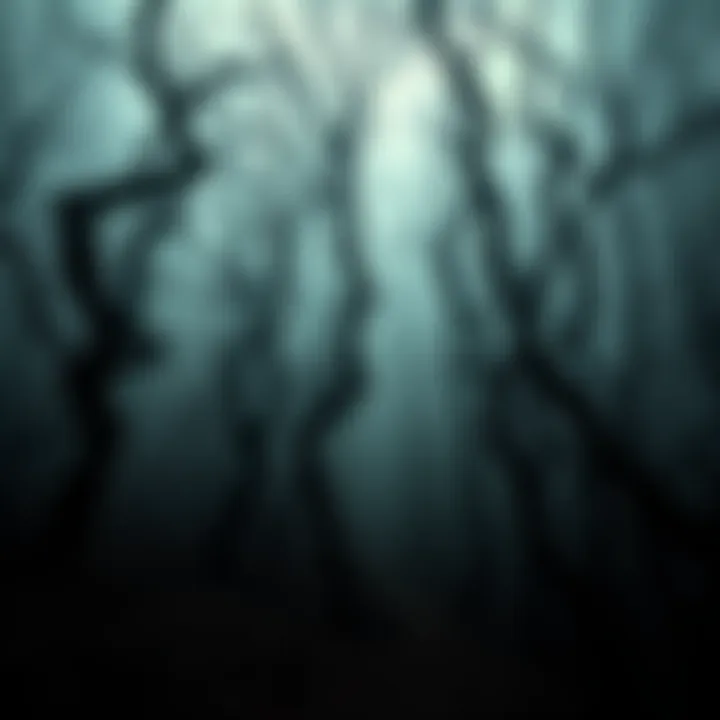 A dark, foreboding forest with twisted trees and a misty atmosphere that evokes fear.